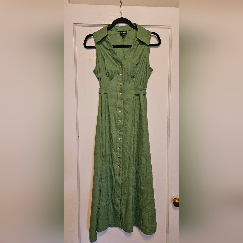 Sage Green Button-Front Sleeveless Linen Dress Petite Size Small